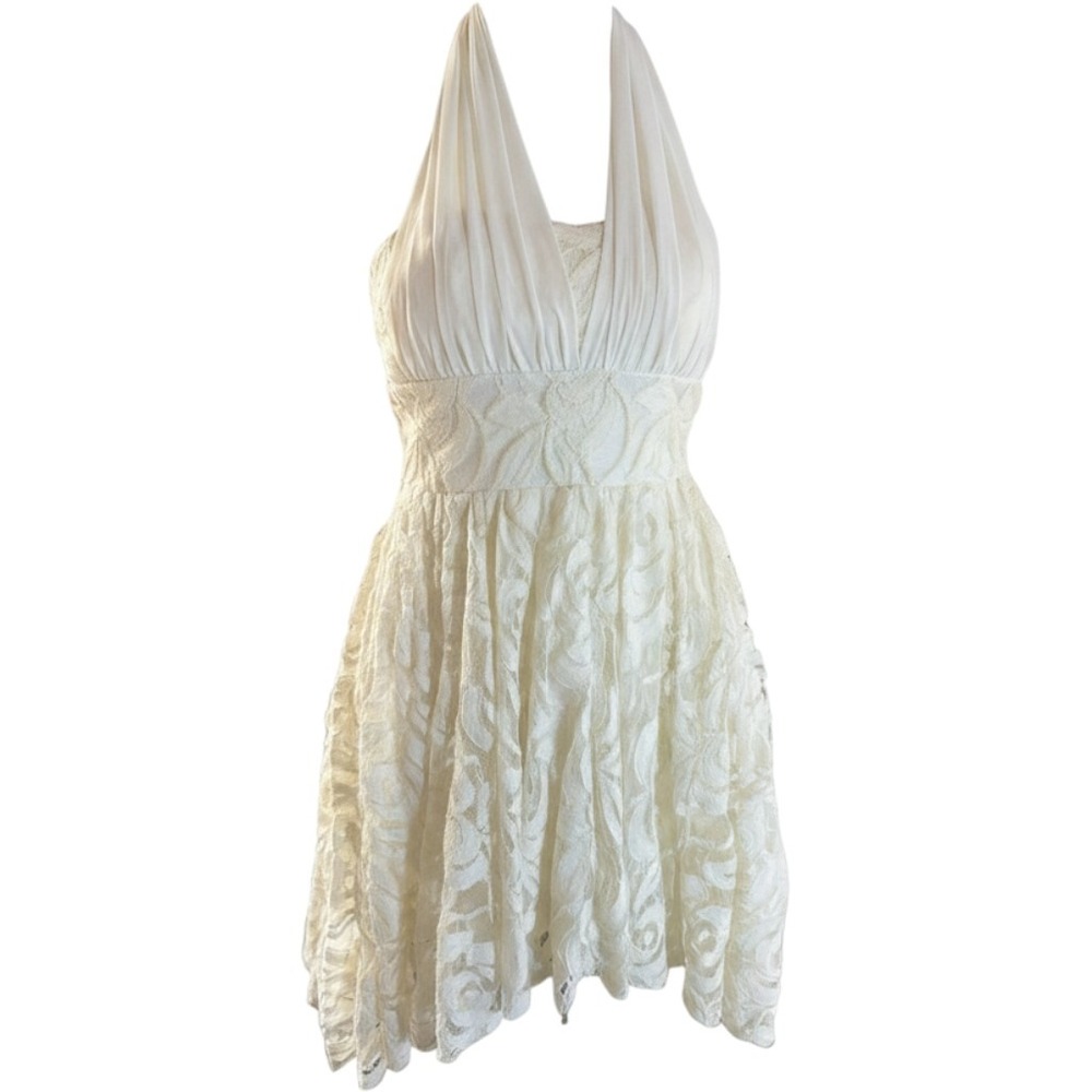 Jodi Kristopher dress womens size 1 cream ivory lace halter neck cocktail formal